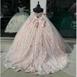 Cape Sleeve Pink Quince Dresses Sweetheart Neck 15 Dress Lace Appliques Ball Gown With Bow