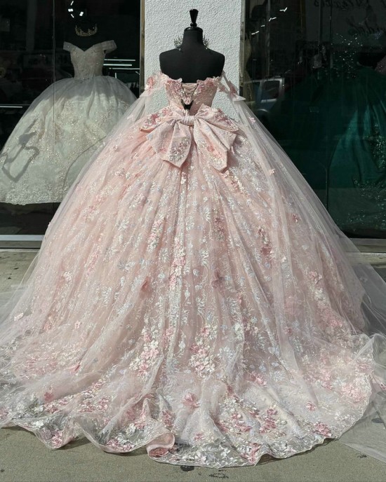 Cape Sleeve Pink Quince Dresses Sweetheart Neck 15 Dress Lace Appliques Ball Gown With Bow