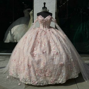 Cape Sleeve Pink Quince Dresses Sweetheart Neck 15 Dress Lace Appliques Ball Gown With Bow