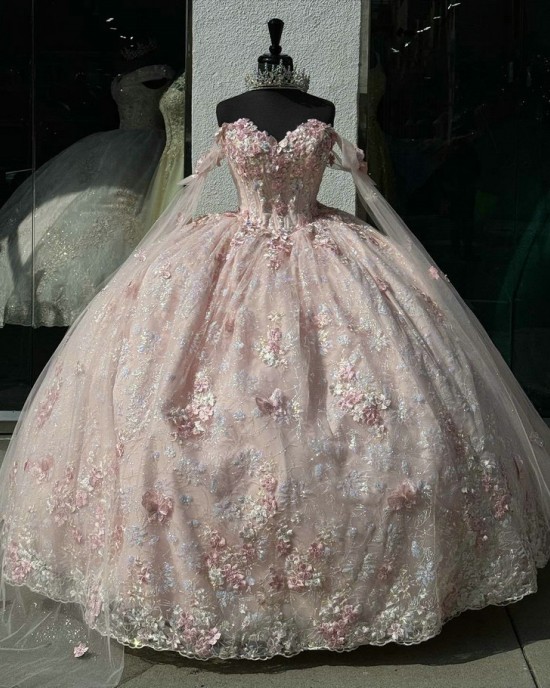 Cape Sleeve Pink Quince Dresses Sweetheart Neck 15 Dress Lace Appliques Ball Gown With Bow