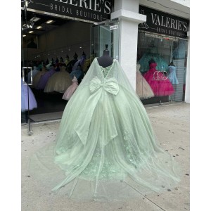 Cape Sleeve Sage Green Quinceanera Dress Sweetheart Bow 15 Ball Gown Dresses With 3D Floral Appliques