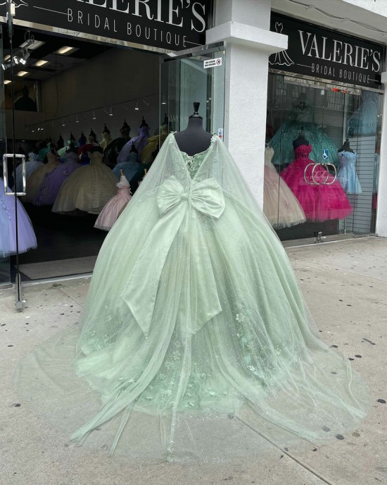 Cape Sleeve Sage Green Quinceanera Dress Sweetheart Bow 15 Ball Gown Dresses With 3D Floral Appliques