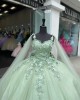 Cape Sleeve Sage Green Quinceanera Dress Sweetheart Bow 15 Ball Gown Dresses With 3D Floral Appliques