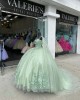 Cape Sleeve Sage Green Quinceanera Dress Sweetheart Bow 15 Ball Gown Dresses With 3D Floral Appliques