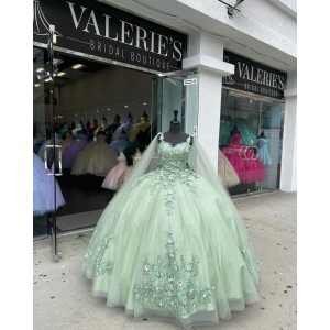 Cape Sleeve Sage Green Quinceanera Dress Sweetheart Bow 15 Ball Gown Dresses With 3D Floral Appliques