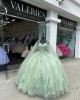 Cape Sleeve Sage Green Quinceanera Dress Sweetheart Bow 15 Ball Gown Dresses With 3D Floral Appliques