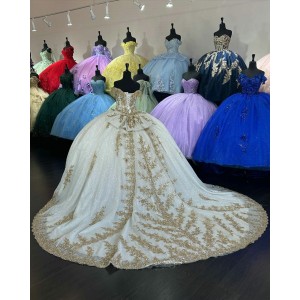 Fringe Sleeve Champagne Quinceanera Dresses Sweetheart Neck Metallic Sequin 15 Dress With Bow