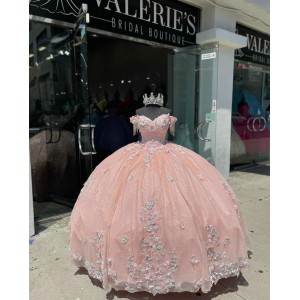 Fringe Sleeve Pink Quinceanera Dress Sweetheart 15 Dresses With Multi Color Floral Ball Gown