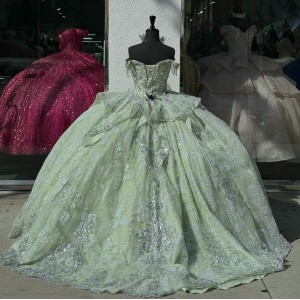 Fringe Sleeve Sage Green Quince Dresses Metallic Sequin 15 Dress Sweetheart Neck Ball Gown With Bow