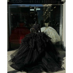 Layer Black Quinceanera Dresses Lace Appliques Ball Gown V Neck Long Sleeve15 Dress With Bow