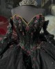 Layer Black Quinceanera Dresses Lace Appliques Ball Gown V Neck Long Sleeve15 Dress With Bow