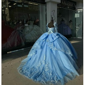 Long Sleeve Blue Quinceanera Dresses Sweetheart Ball Gown Lace Appliques 15 Dress With Bow