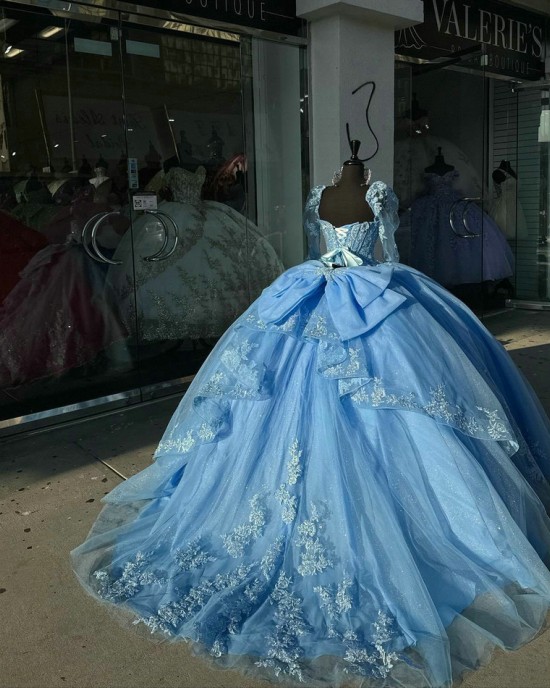 Long Sleeve Blue Quinceanera Dresses Sweetheart Ball Gown Lace Appliques 15 Dress With Bow