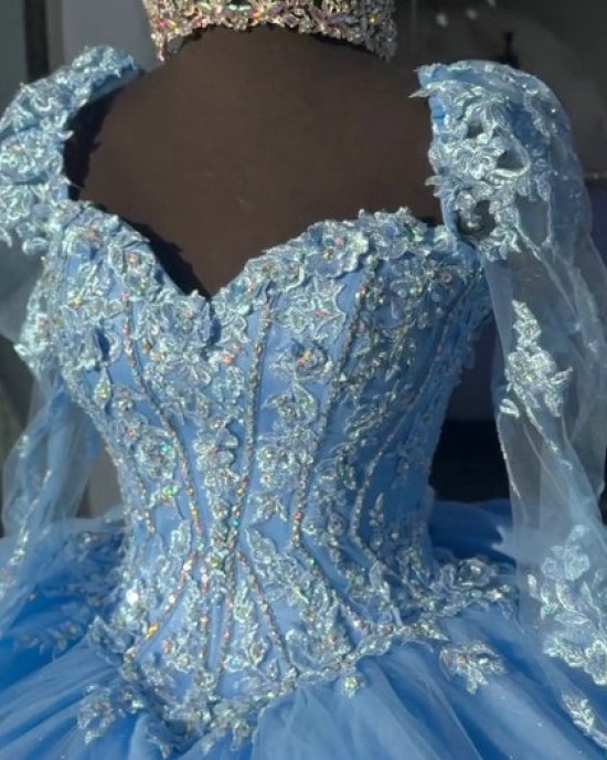 Long Sleeve Blue Quinceanera Dresses Sweetheart Ball Gown Lace Appliques 15 Dress With Bow