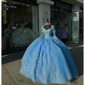 Long Sleeve Blue Quinceanera Dresses Sweetheart Ball Gown Lace Appliques 15 Dress With Bow