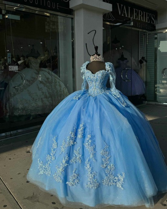 Long Sleeve Blue Quinceanera Dresses Sweetheart Ball Gown Lace Appliques 15 Dress With Bow