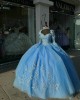 Long Sleeve Blue Quinceanera Dresses Sweetheart Ball Gown Lace Appliques 15 Dress With Bow