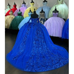 Long Sleeve Blue Quinceanera Dresses Sweetheart Neck 15 Dress With 3D Floral Appliques