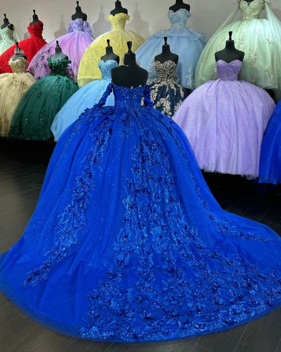 Long Sleeve Blue Quinceanera Dresses Sweetheart Neck 15 Dress With 3D Floral Appliques