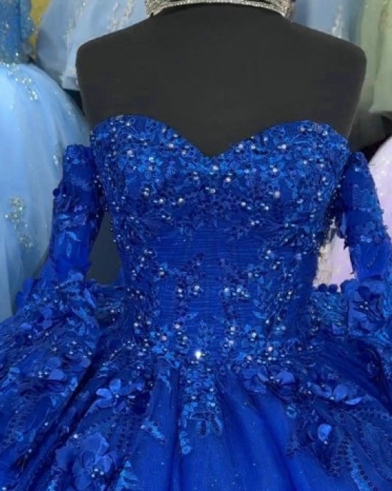 Long Sleeve Blue Quinceanera Dresses Sweetheart Neck 15 Dress With 3D Floral Appliques