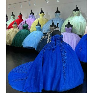 Long Sleeve Blue Quinceanera Dresses Sweetheart Neck 15 Dress With 3D Floral Appliques