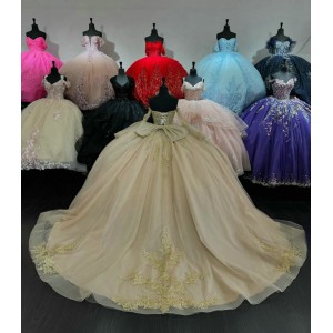 Long Sleeve Champagne Quince Dress V Neck Crystal Ball Gown Lace Appliques 15 Dresses With Bow