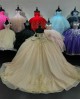 Long Sleeve Champagne Quince Dress V Neck Crystal Ball Gown Lace Appliques 15 Dresses With Bow