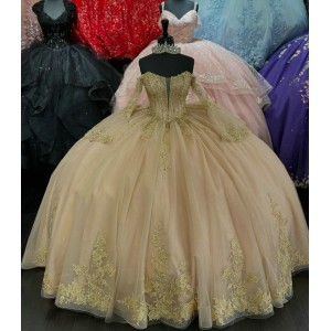 Long Sleeve Champagne Quince Dress V Neck Crystal Ball Gown Lace Appliques 15 Dresses With Bow