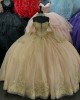 Long Sleeve Champagne Quince Dress V Neck Crystal Ball Gown Lace Appliques 15 Dresses With Bow