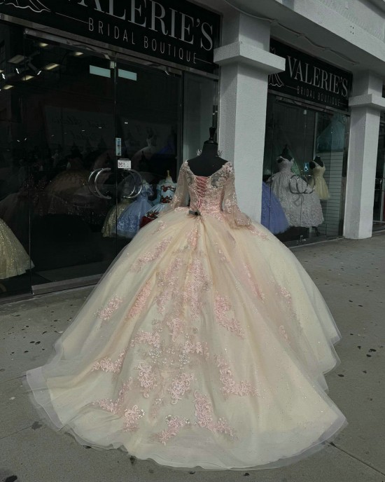 Long Sleeve Champagne Quinceanera Dresses V Neck Lace Appliques 15 Dress