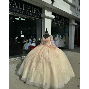 Long Sleeve Champagne Quinceanera Dresses V Neck Lace Appliques 15 Dress