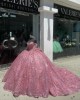 Long Sleeve Hot Pink Quinceanera Dresses Sweetheart Neck Metallic Sequin 15 Dress