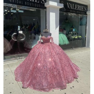 Long Sleeve Hot Pink Quinceanera Dresses Sweetheart Neck Metallic Sequin 15 Dress