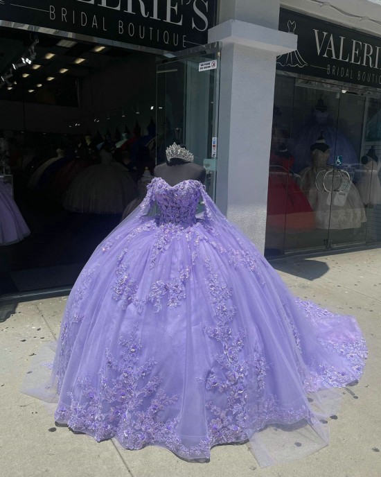 Long Sleeve Lilac Quinceanera Dress Sweetheart Lace Appliques 15 Dresses