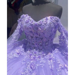 Long Sleeve Lilac Quinceanera Dress Sweetheart Lace Appliques 15 Dresses