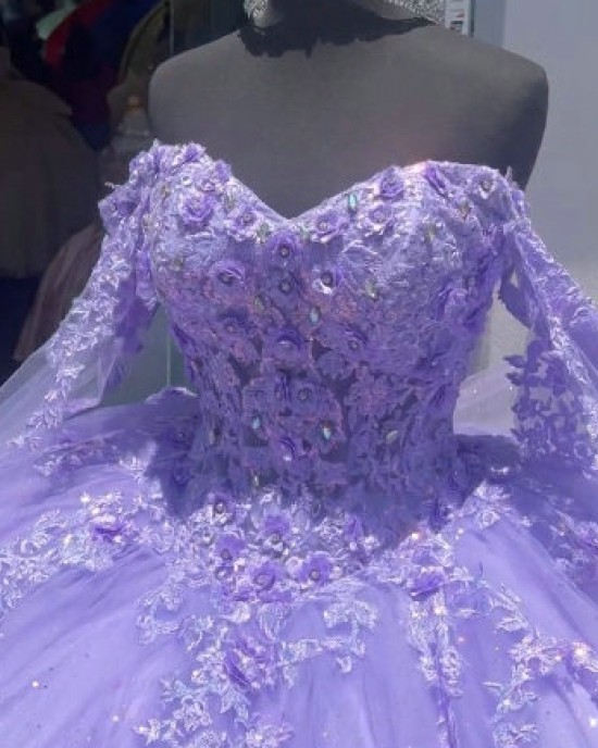 Long Sleeve Lilac Quinceanera Dress Sweetheart Lace Appliques 15 Dresses