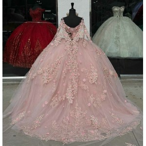 Long Sleeve Pink Quince Dresses V Neck 15 Dress Lace Appliques Ball Gown With 3D Flowers