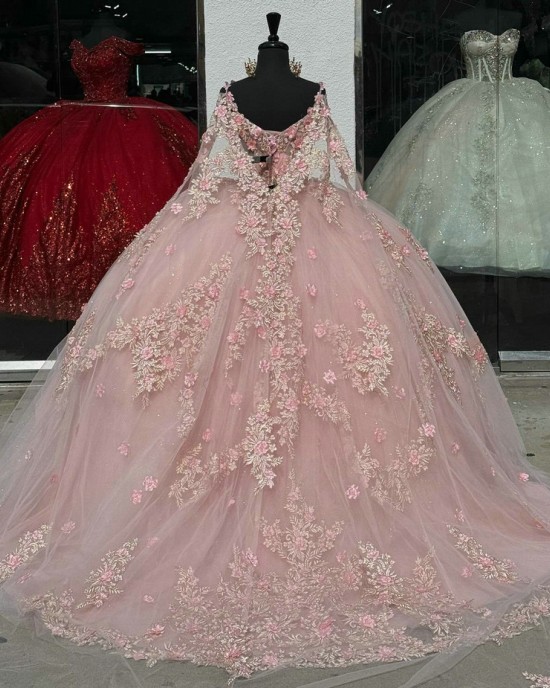 Long Sleeve Pink Quince Dresses V Neck 15 Dress Lace Appliques Ball Gown With 3D Flowers