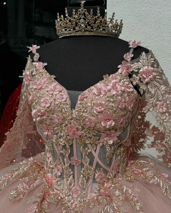 Long Sleeve Pink Quince Dresses V Neck 15 Dress Lace Appliques Ball Gown With 3D Flowers