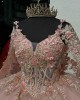 Long Sleeve Pink Quince Dresses V Neck 15 Dress Lace Appliques Ball Gown With 3D Flowers