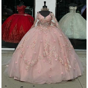 Long Sleeve Pink Quince Dresses V Neck 15 Dress Lace Appliques Ball Gown With 3D Flowers