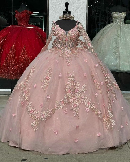 Long Sleeve Pink Quince Dresses V Neck 15 Dress Lace Appliques Ball Gown With 3D Flowers