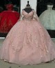 Long Sleeve Pink Quince Dresses V Neck 15 Dress Lace Appliques Ball Gown With 3D Flowers