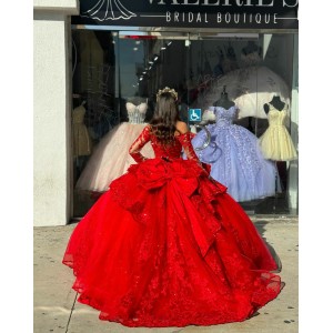 Long Sleeve Red Quince Dresses Lace Appliques 15 Dress Square Collar Ball Gown With Bow