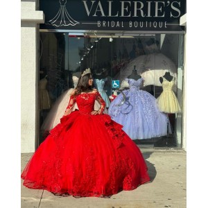 Long Sleeve Red Quince Dresses Lace Appliques 15 Dress Square Collar Ball Gown With Bow