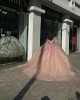 Long Sleeve Rose Gold Quinceanera Dresses Lace Appliques Ball Gown Sweetheart 15 Dress