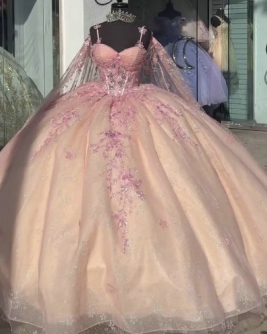 Long Sleeve Rose Gold Quinceanera Dresses Lace Appliques Ball Gown Sweetheart 15 Dress