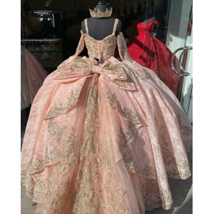 Long Sleeve Rose Gold Quinceanera Dress Scoop Neck 15 Dresses Metallic Sequin Ball Gown With Bow