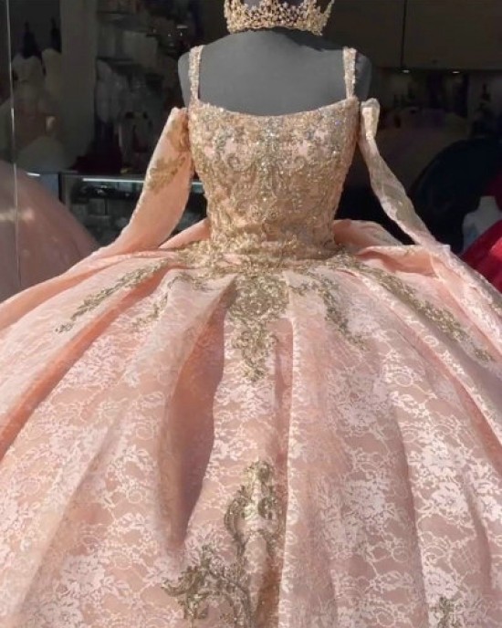 Long Sleeve Rose Gold Quinceanera Dress Scoop Neck 15 Dresses Metallic Sequin Ball Gown With Bow