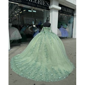 Long Sleeve Sage Green Quinceanera Dresses Strapless Sweetheart Neck 15 Dress With 3D Flowers